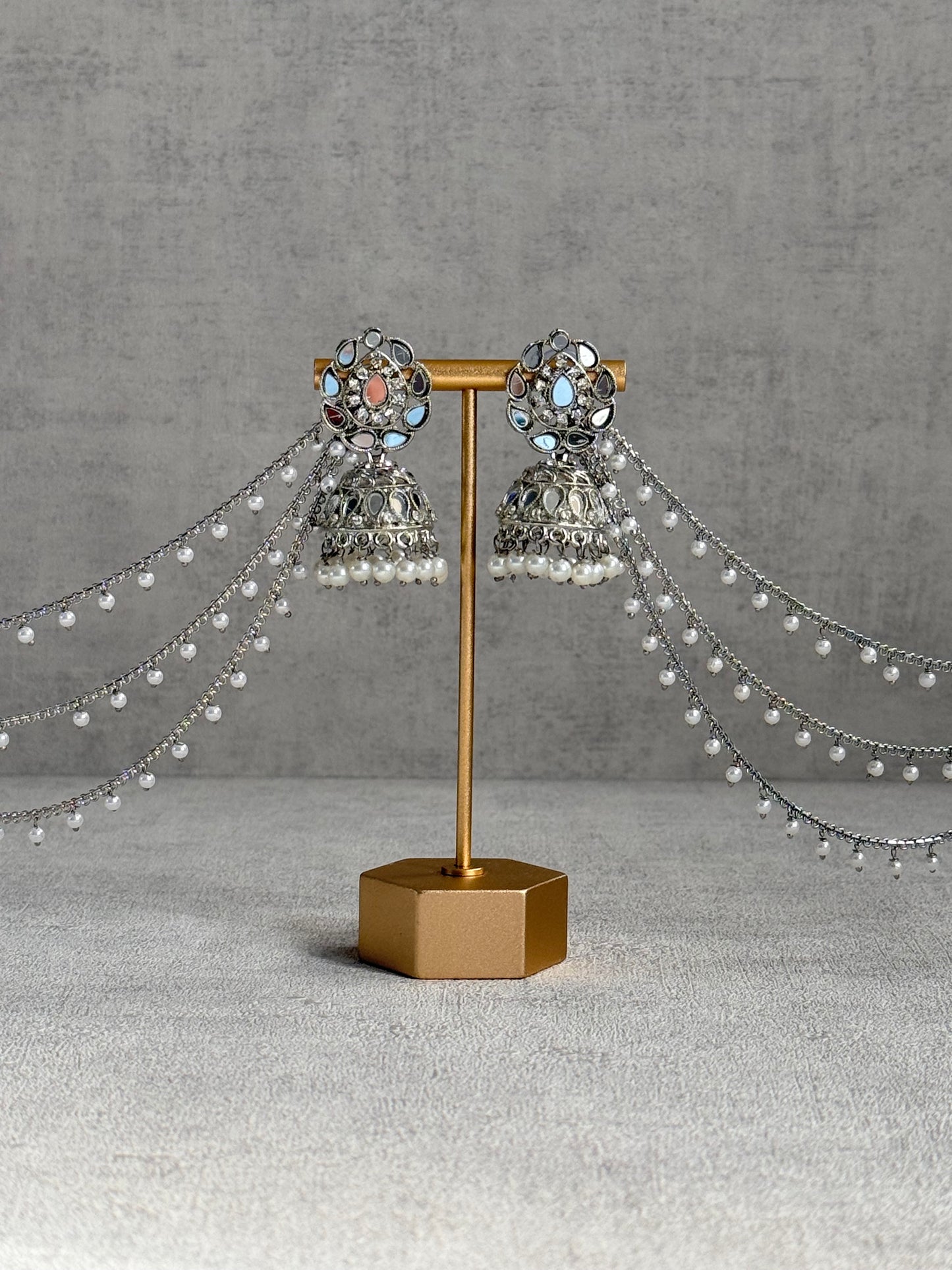 Ayura Designs Aiyana Jhumkis – Silver Mirror-Cut Earrings with Detachable Triple-Layer Pearl Sahare