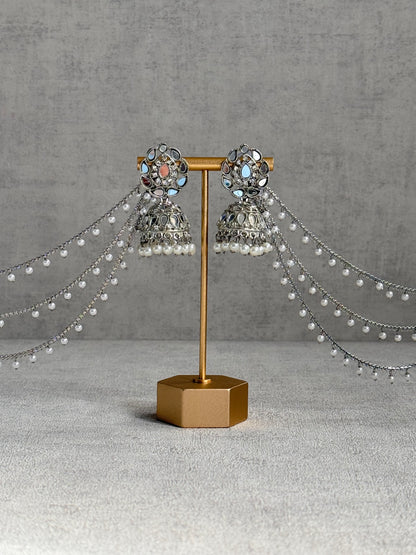 Ayura Designs Aiyana Jhumkis – Silver Mirror-Cut Earrings with Detachable Triple-Layer Pearl Sahare