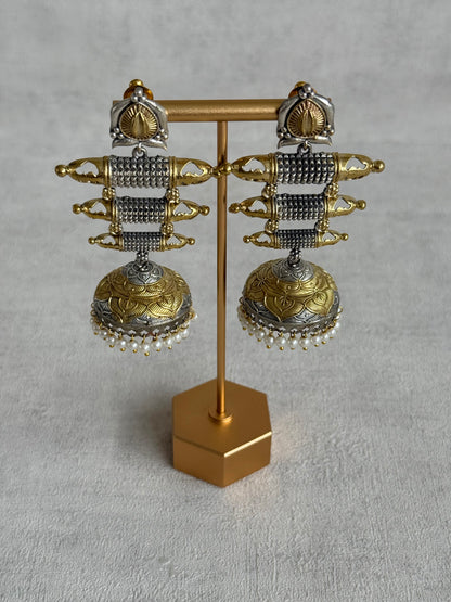 Ayura Designs Tehzeeb Earrings – Dual Tone Oxidised Statement Jhumkis with Pearl Detailing