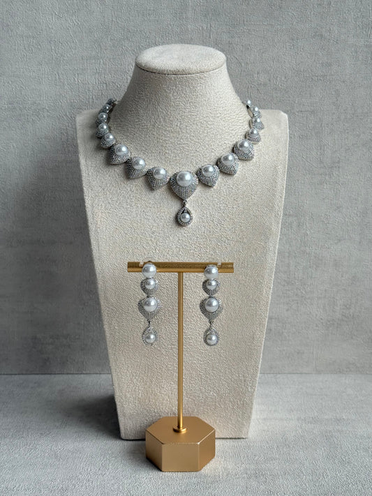 Ayura Designs Juliette Set with Necklace & Drop Earrings – Silver Crystal & Pearl Statement Set