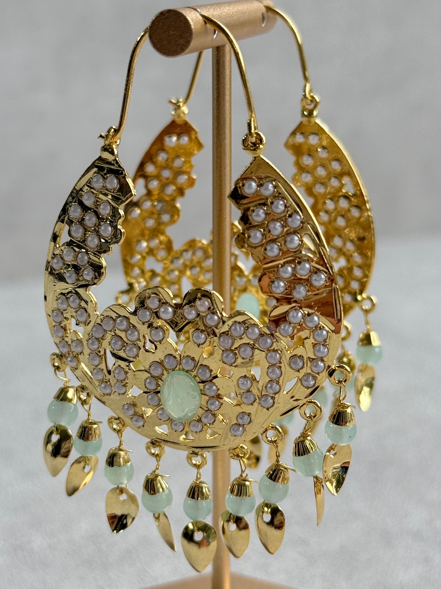 Ayura Designs Nimrat Balis – Mint Green & Ivory Pearls with Pippal Patti & Gold Finish