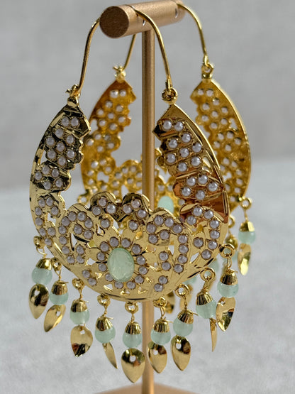 Ayura Designs Nimrat Balis – Mint Green & Ivory Pearls with Pippal Patti & Gold Finish
