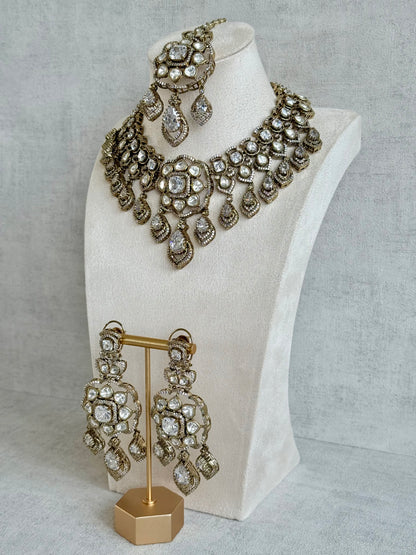Ayura Designs Kiyah Bridal Set with Necklace, Earrings & Tikka – Moissanite Stones with Antique Gold Finish