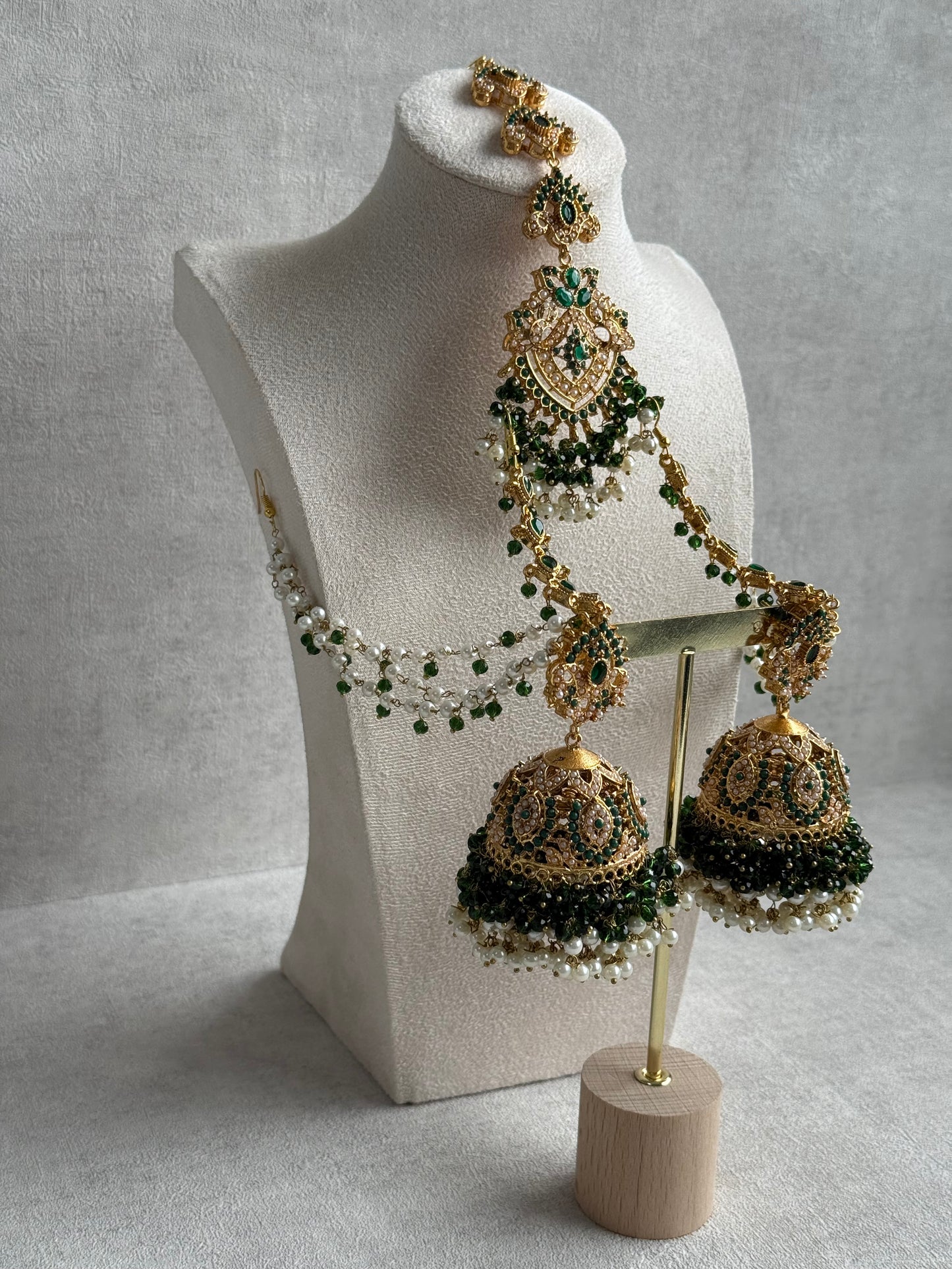 Ayura Designs Safia Tikka Set with Sahare Earrings – Emerald Green Beads & Champagne Crystals