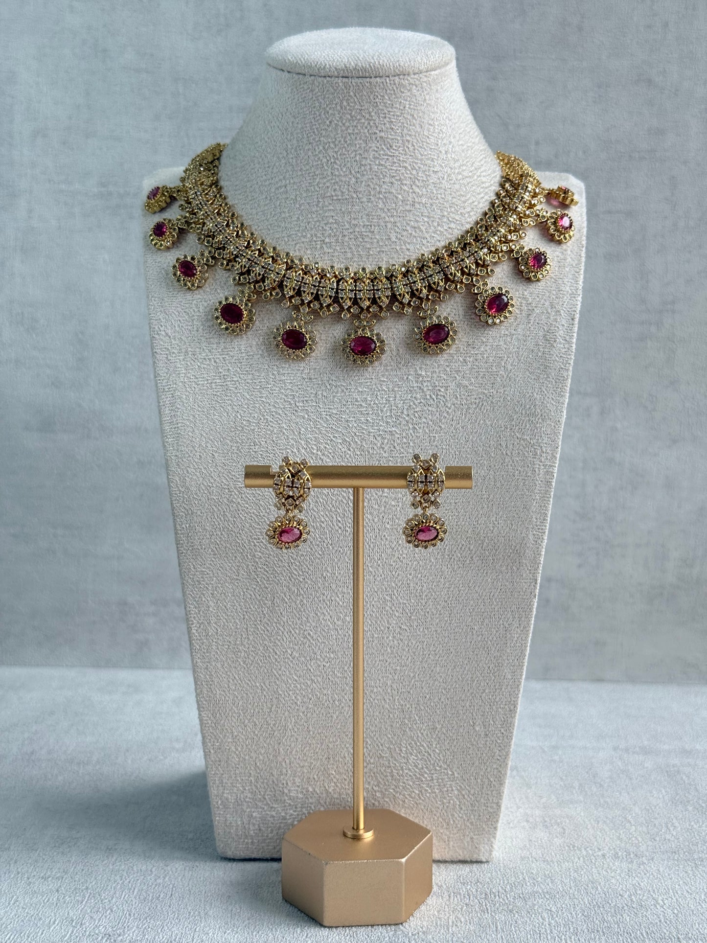 Ayura Designs Elisha Necklace Set with Earrings – Rani Pink & Crystal Stone Detailing