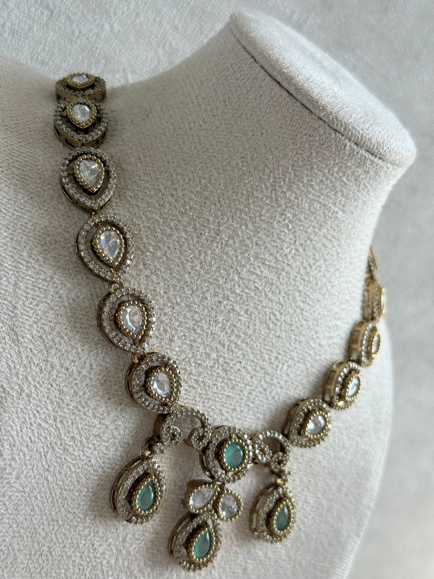 Ayura Designs Bianca Necklace Set with Earrings – Mint Green & White Kundan, Crystals & Gold Finish