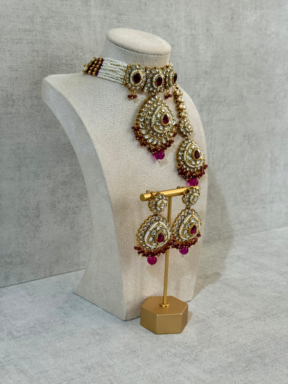 Ayura Designs Tehreem Set with Necklace, Earrings & Tikka – Mirror-Cut Stones, Magenta Beads & Antique Gold Finish