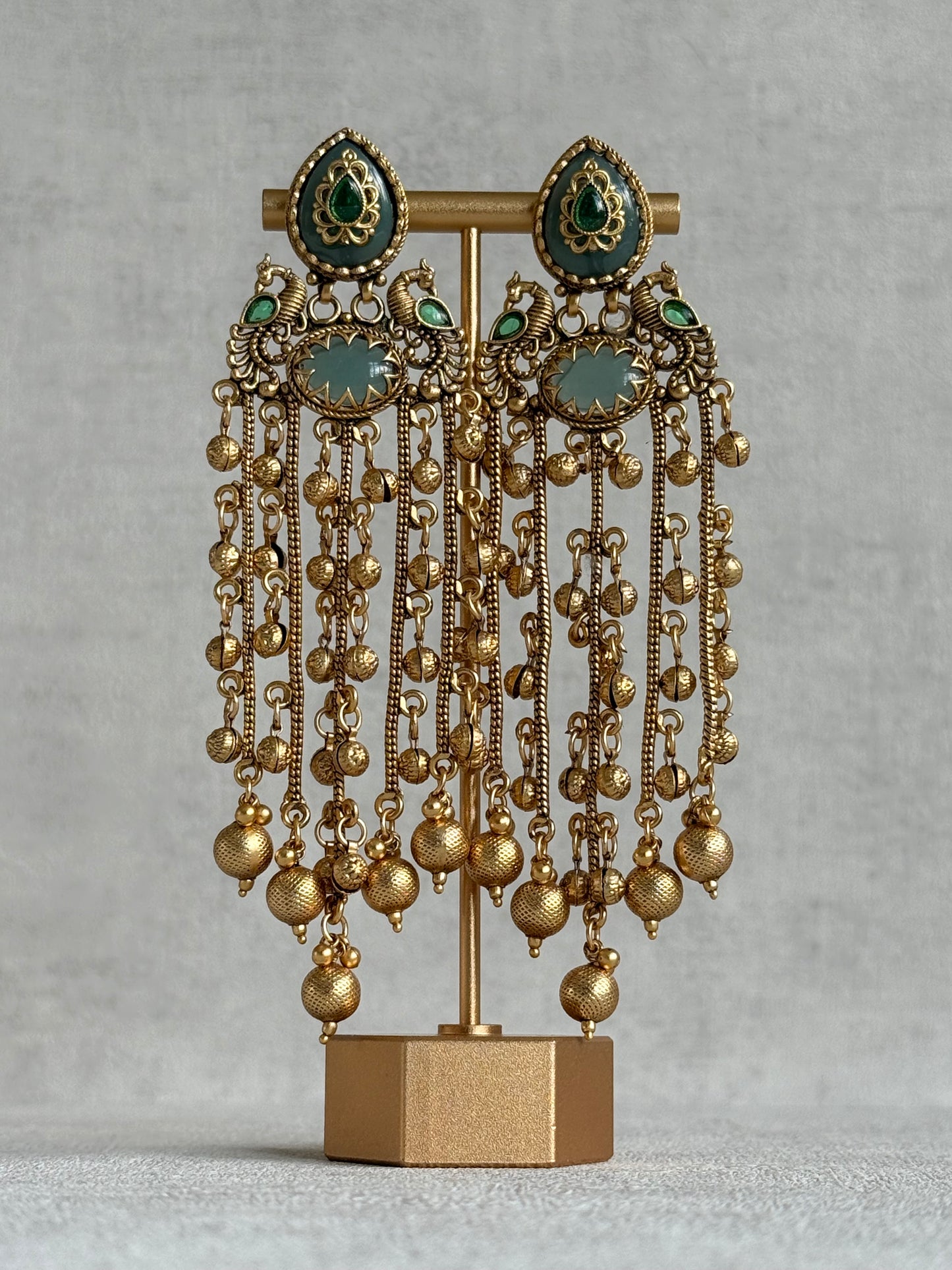 Ayura Designs Pakhi Earrings – Peacock Statement Earrings with Green Stones & Ghungroo Chain Tassels