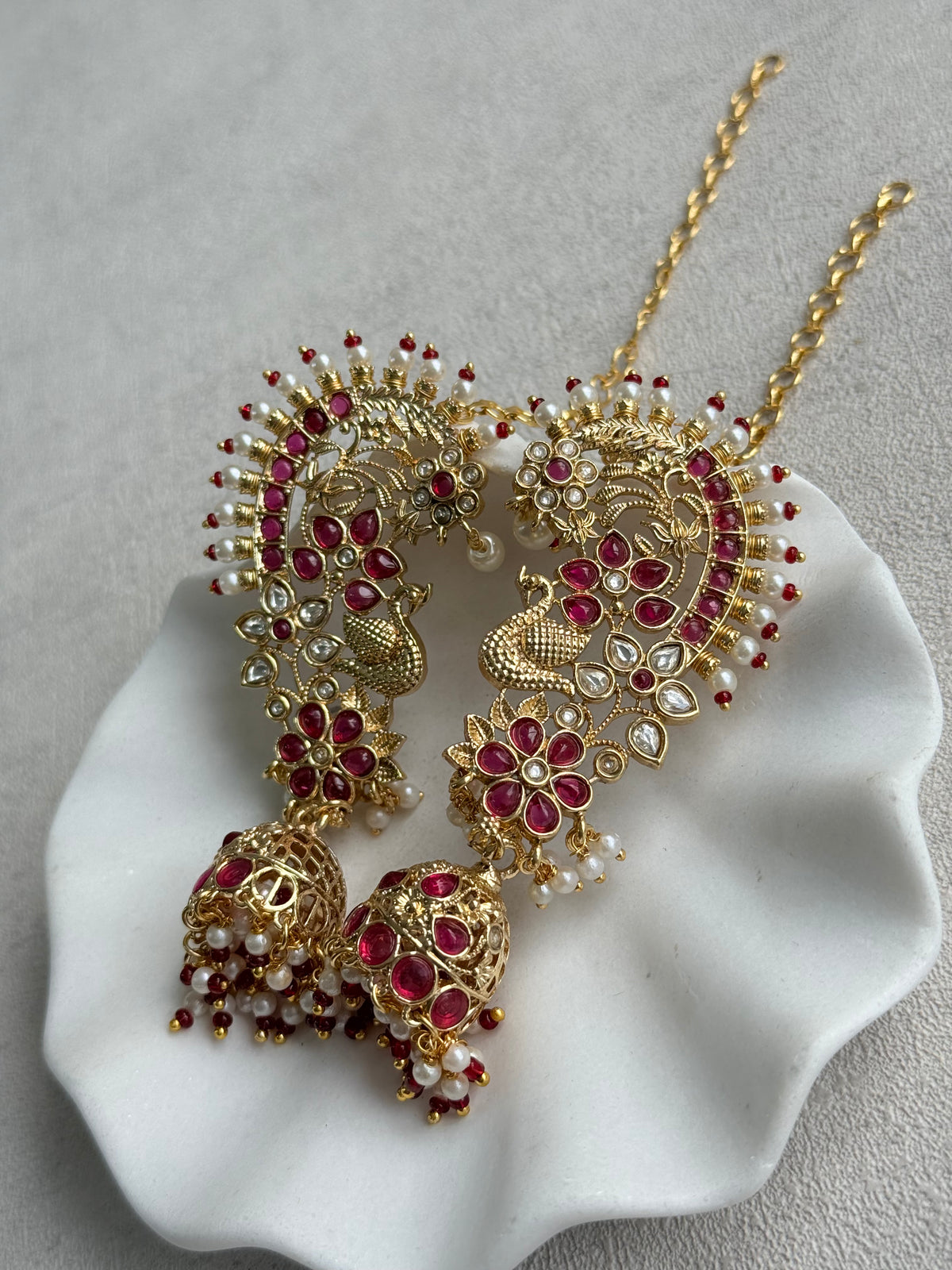 Ayura Designs Nitya Kaanphool Jhumkis – Gold Peacock Motifs, Pink Kundan & Pearl Drops with Attached Sahare