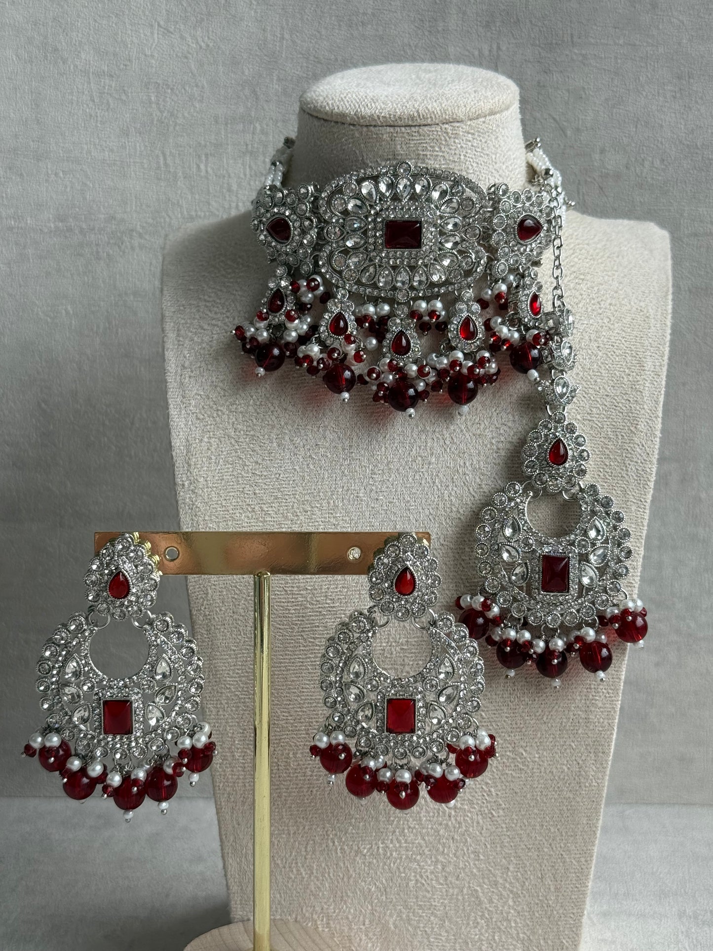 Ayura Designs Nandhini Set – Choker, Earrings & Tikka with Ruby Red Stones, Pearls & Silver Finish