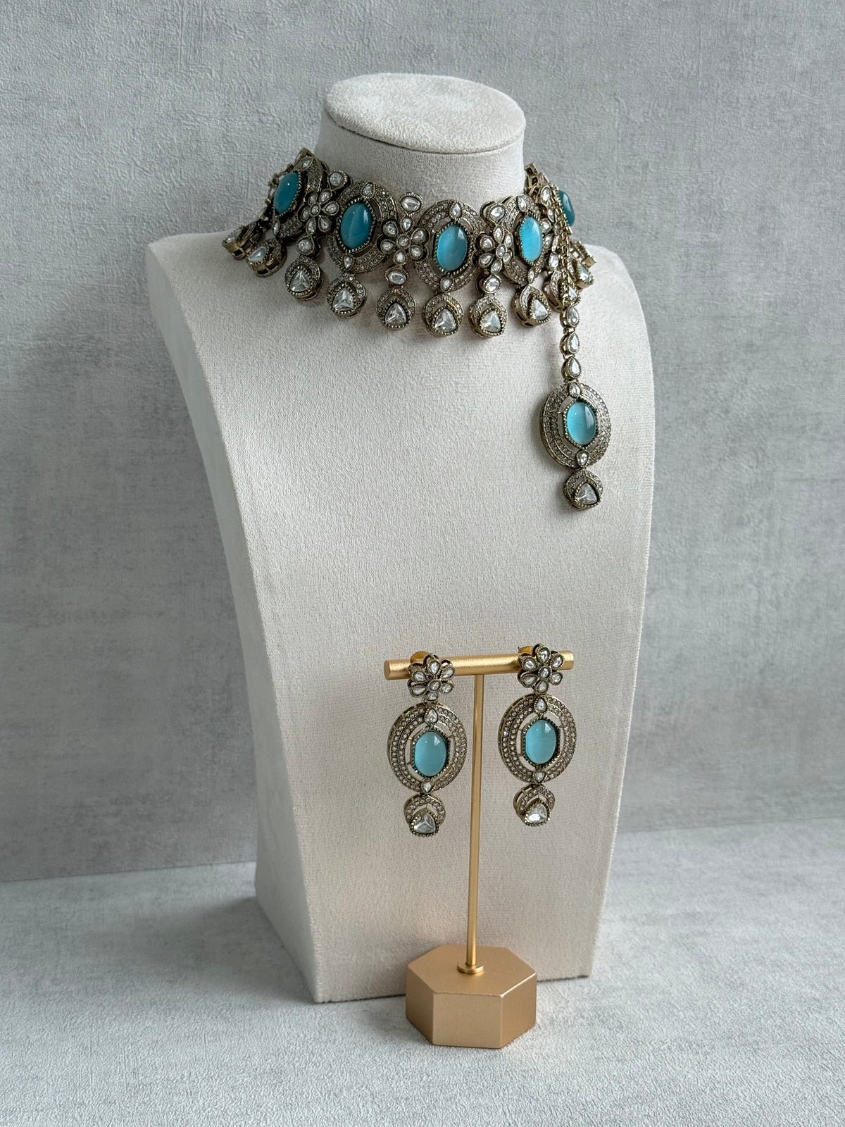 Ayura Designs Emanya Choker Set – Choker, Earrings & Tikka with Mirror-Cut Stones, Turquoise Blue & Antique Gold Detailing