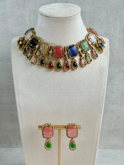 Ayura Designs Adelaide Necklace Set with Earrings – Multicolour Moissanite with Peach Stone Drop Earrings