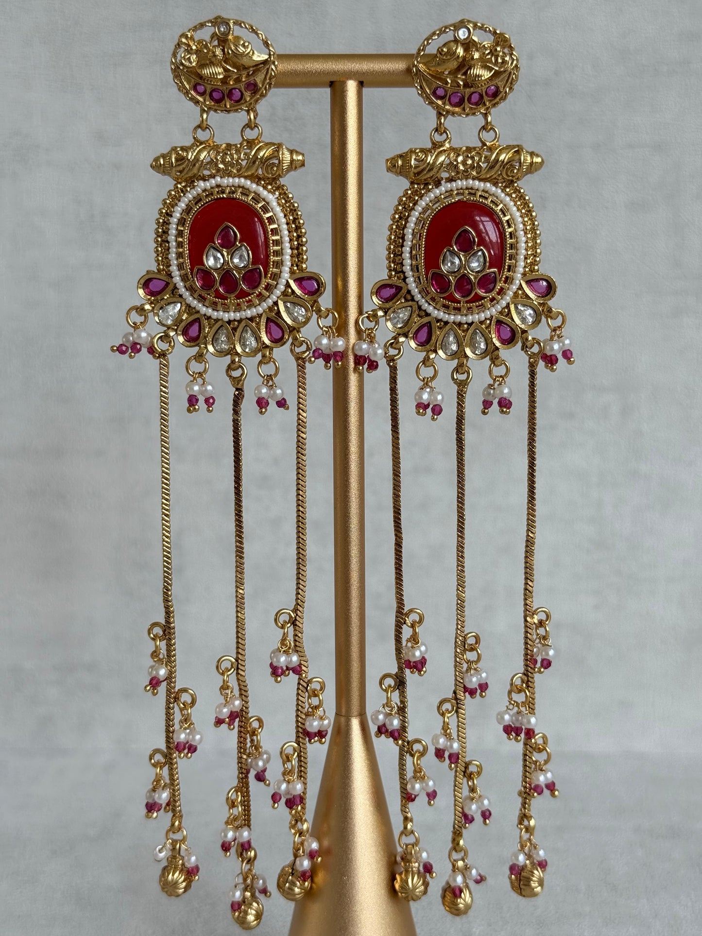 Ayura Designs Kaveri Earrings – Gold Long Chain Drop Earrings with Kundan, Pearls & Ghungroo Detailing – Ruby Red
