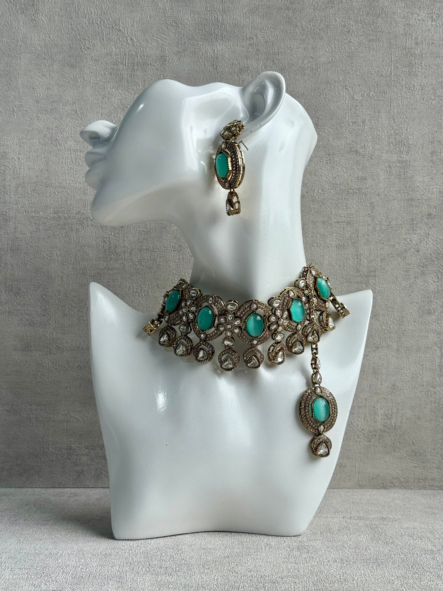 Ayura Designs Emanya Choker Set – Choker, Earrings & Tikka with Mirror-Cut Stones, Aqua & Antique Gold Detailing