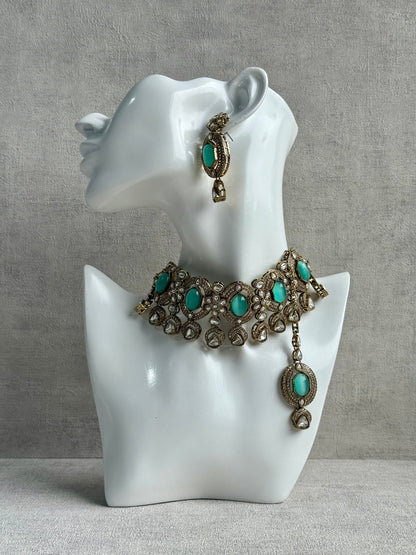 Ayura Designs Emanya Choker Set – Choker, Earrings & Tikka with Mirror-Cut Stones, Aqua & Antique Gold Detailing