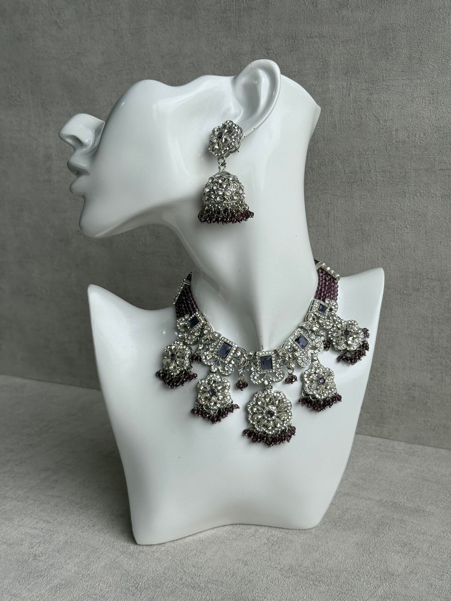 Ayura Designs Zarghuna Set with Jhumkis & Tikka – Mauve Beads, Mirror-Cut Stones & Silver Finish