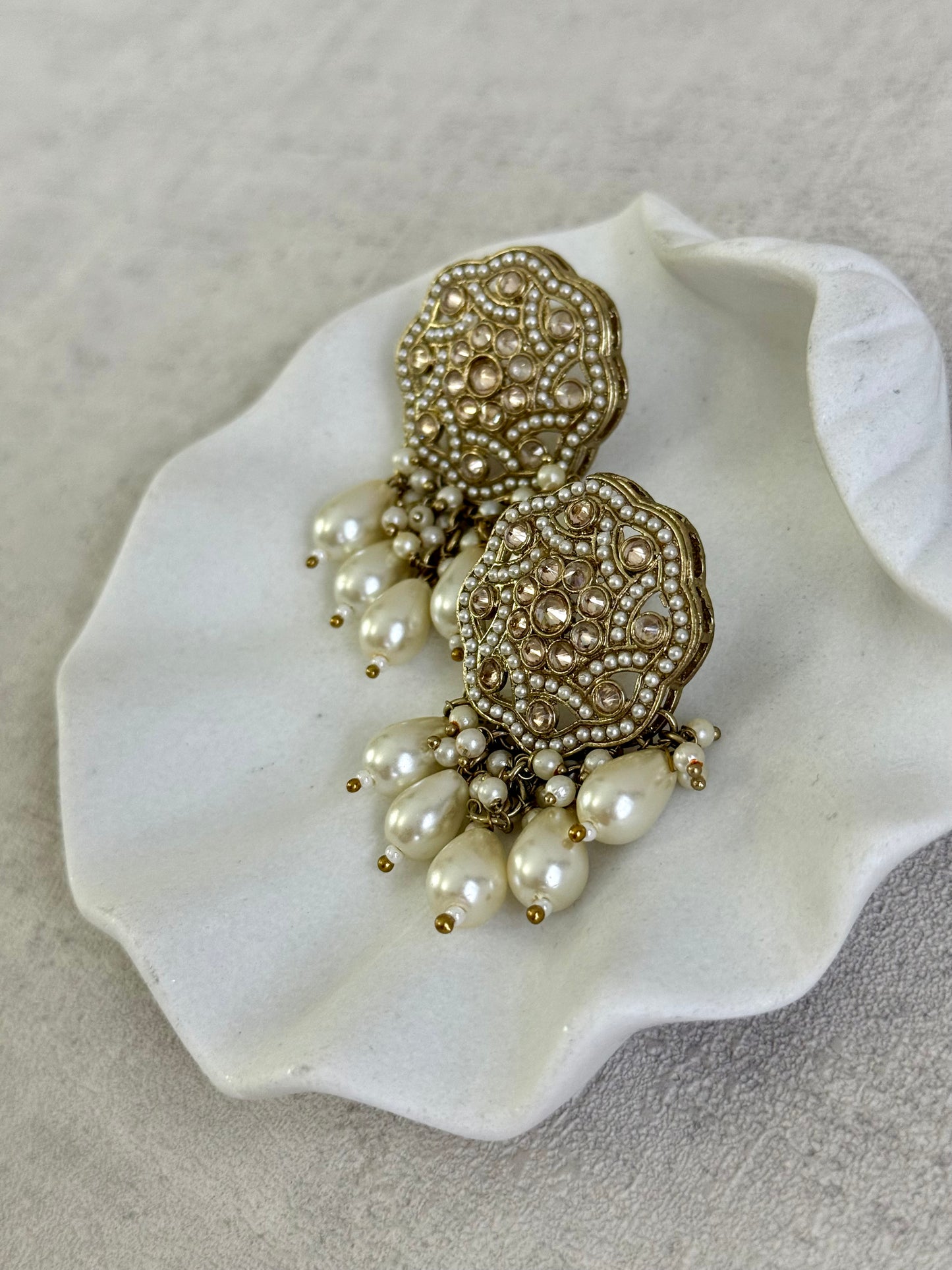 Ayura Designs Aynoor Halo Petal Earrings – Antique Gold Finish with Mirror-Cut Stones & Pearl Drops