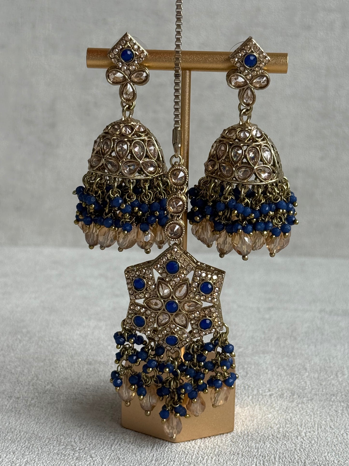 Ayura Designs Rayna Set with Necklace & Tikka – Champagne Crystals, Ink Blue Beads & Antique Gold Finish