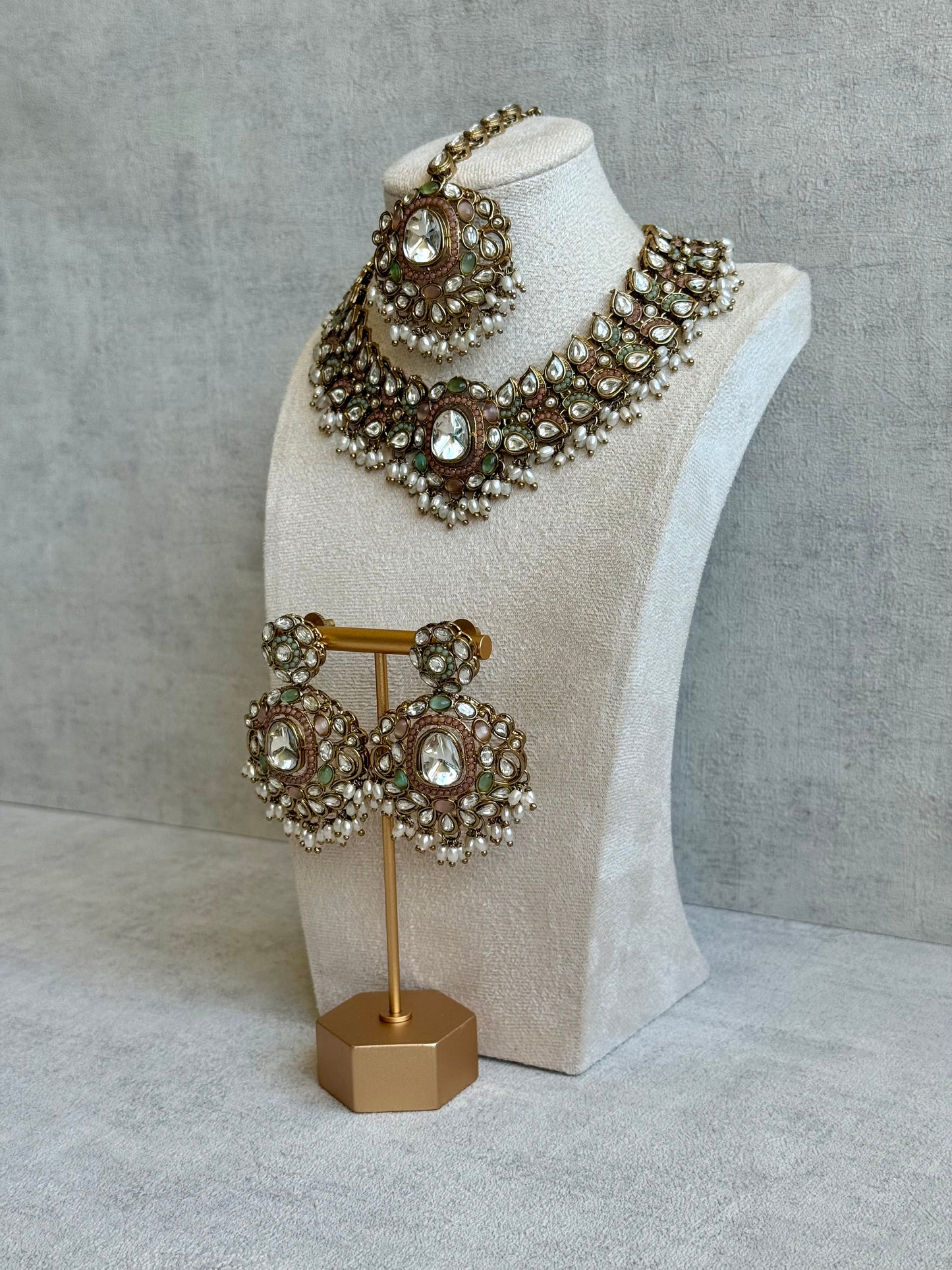 Ayura Designs Durriya Set with Earrings & Tikka – Antique Gold Finish, Mirror-Cut Stones & Pastel Pink, Mint & Ivory Enamel