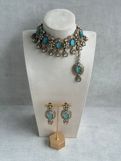 Ayura Designs Emanya Choker Set – Choker, Earrings & Tikka with Mirror-Cut Stones, Turquoise Blue & Antique Gold Detailing