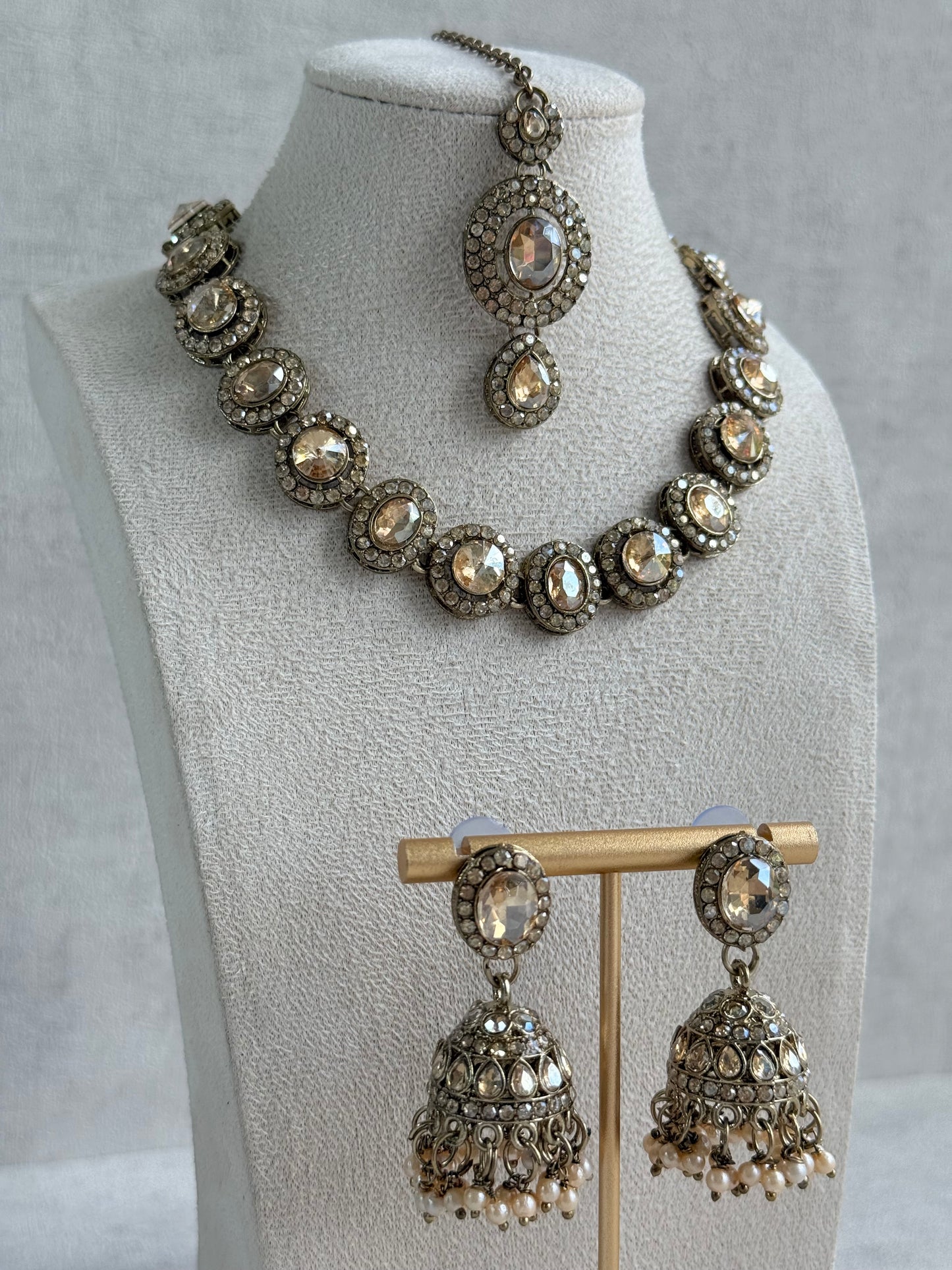 Ayura Designs Eira Necklace Set with Earrings & Tikka – Champagne Gold Crystal Stones with Antique Gold Finish