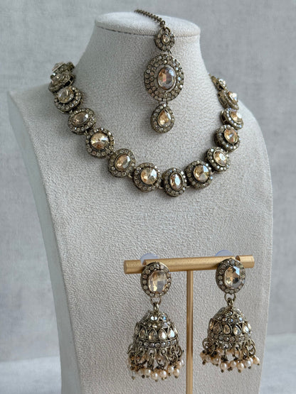 Ayura Designs Eira Necklace Set with Earrings & Tikka – Champagne Gold Crystal Stones with Antique Gold Finish