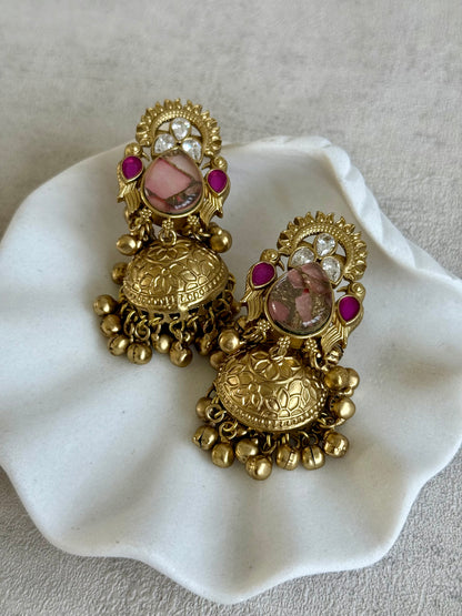 Ayura Designs Avleen Earrings – Rose Pink Marble with Antique Gold Jhumkis