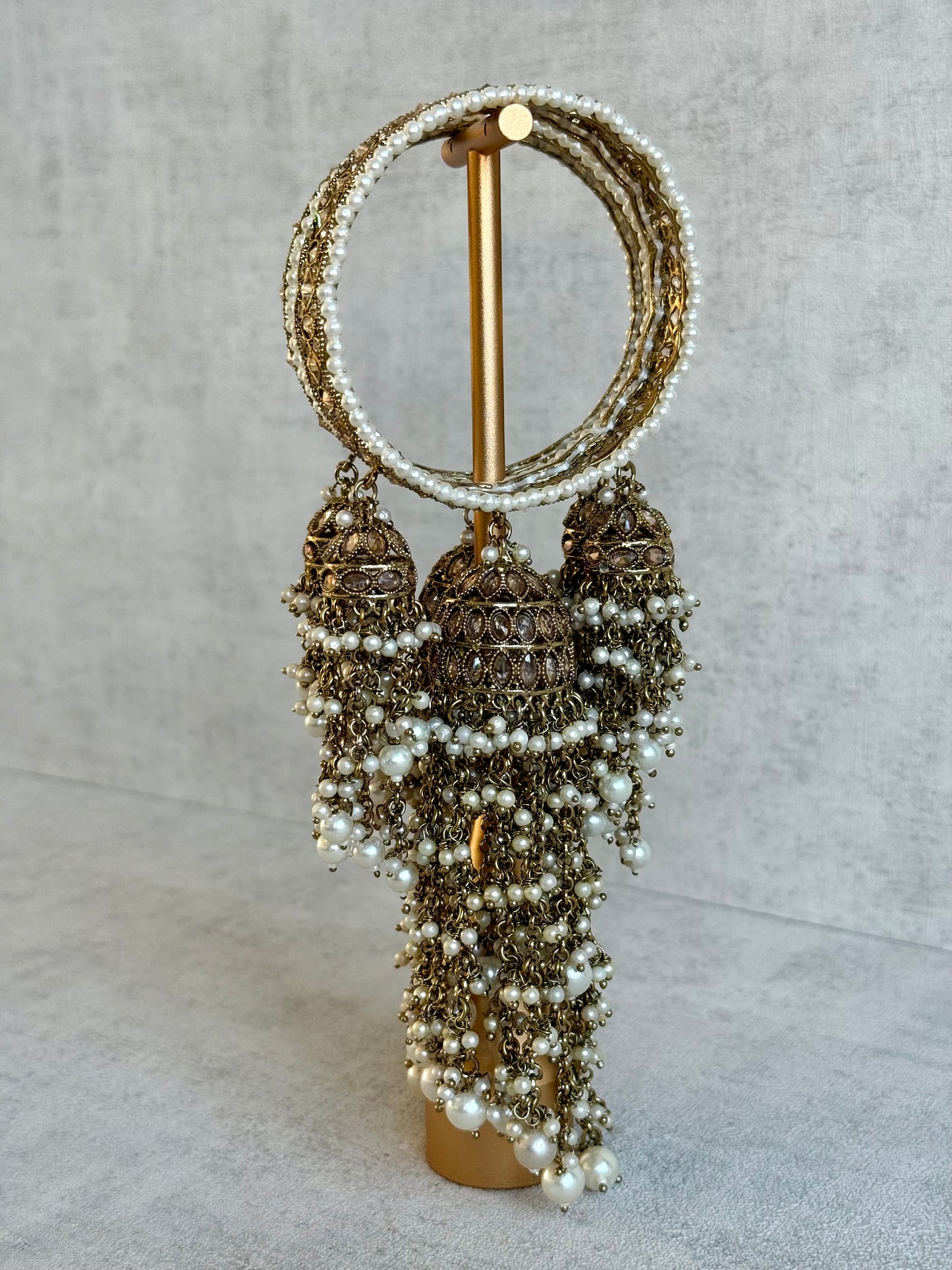 Ayura Designs Arsh Kangan – Pearl Studded Statement Bangles with Jhumki Tassels