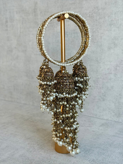 Ayura Designs Arsh Kangan – Pearl Studded Statement Bangles with Jhumki Tassels