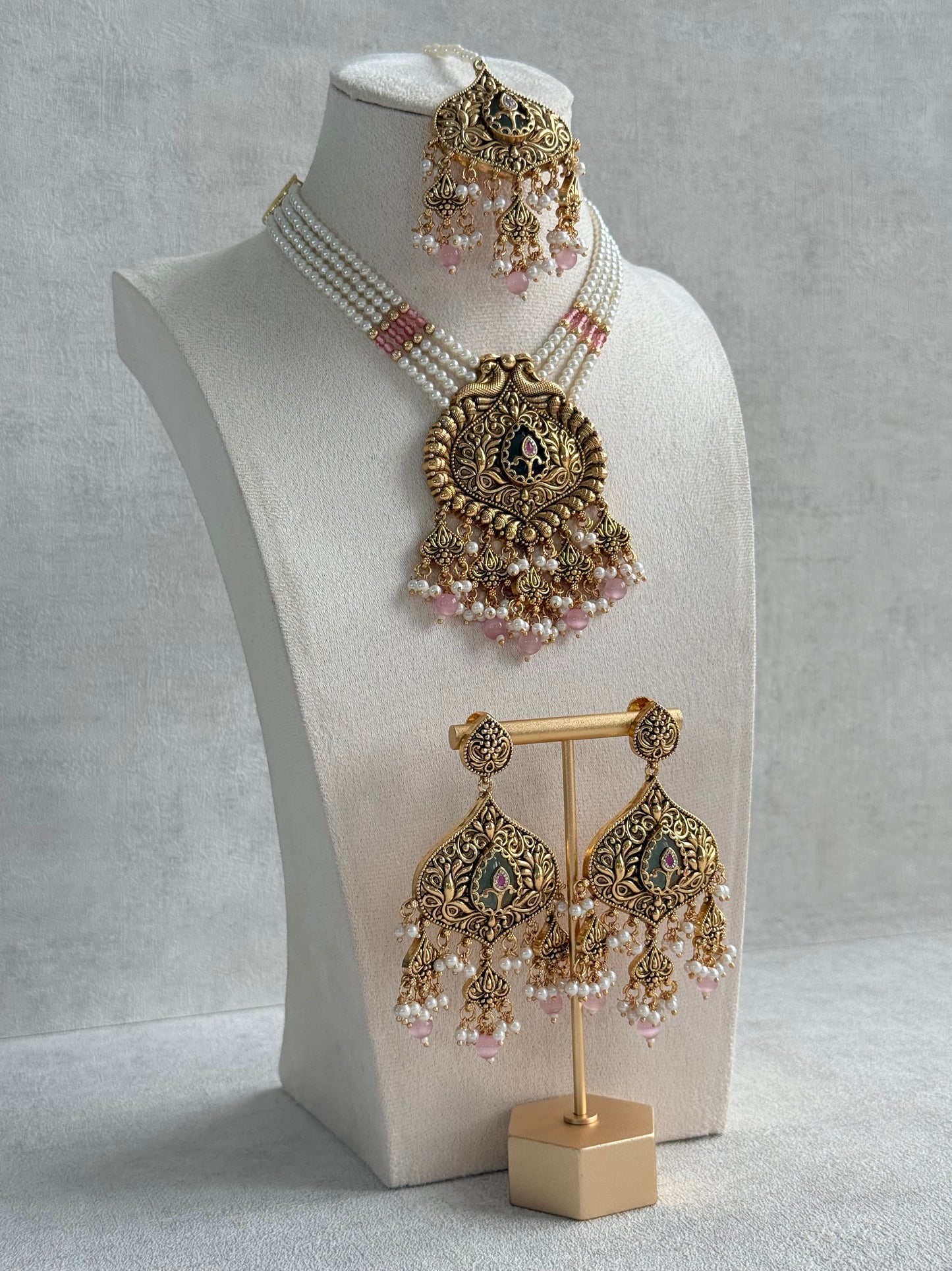 Ayura Designs Afia Necklace Set with Earrings & Tikka – Antique Gold, Blush Pink Pearls, Green Centre Stone & Peacock Motifs