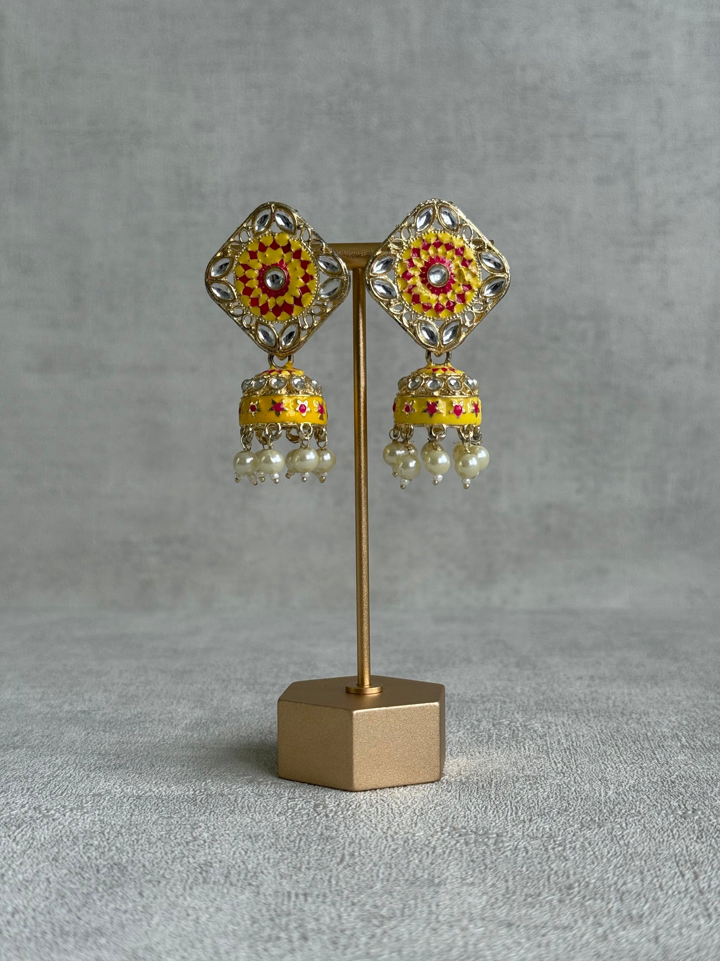 Ayura Designs Rangoli Jhumkis – Marigold Yellow & Hot Pink Meenakari with Pearl Drops in Antique Gold Finish