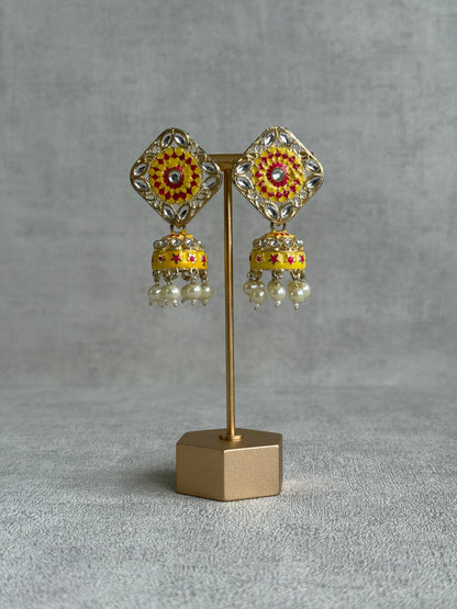Ayura Designs Rangoli Jhumkis – Marigold Yellow & Hot Pink Meenakari with Pearl Drops in Antique Gold Finish
