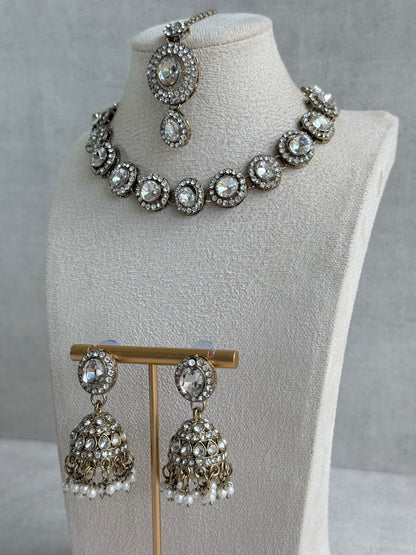 Ayura Designs Eira Necklace Set with Earrings & Tikka – Crystal Stones with Antique Gold Finish