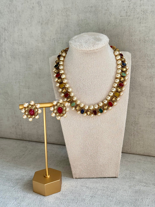 Ayura Designs Hala Set with studs– in Elegant Multicoloured Stones & Ivory Beads