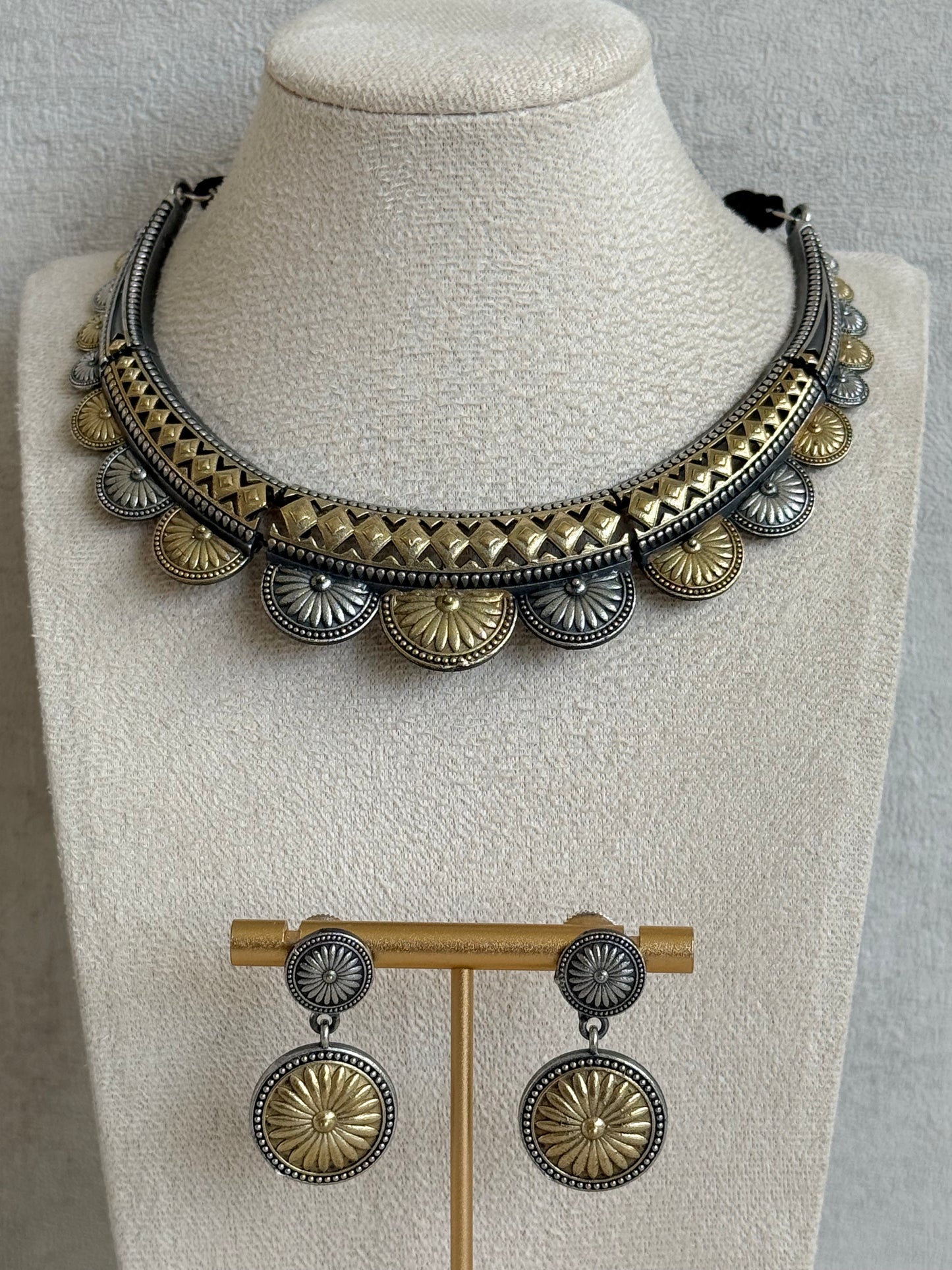 Ayura Designs Surmai Necklace Set with Earrings – Dual Tone Oxidised Necklace with Disc Motifs & Geometric Detailing