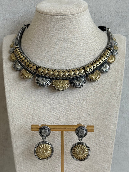 Ayura Designs Surmai Necklace Set with Earrings – Dual Tone Oxidised Necklace with Disc Motifs & Geometric Detailing