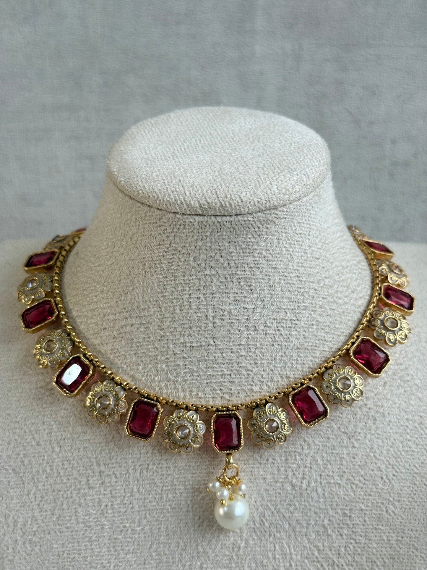 Ayura Designs Padma Necklace Set with Earrings – Rani Pink Stones with Pearl Drop Detailing