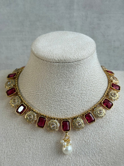 Ayura Designs Padma Necklace Set with Earrings – Rani Pink Stones with Pearl Drop Detailing