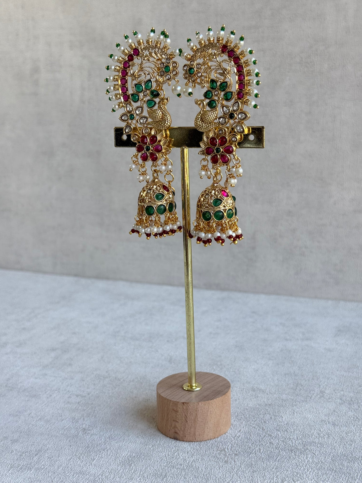 Ayura Designs Nitya Kaanphool Jhumkis – Gold Half Ear Cuff Earrings, Peacock Motifs, Pink & Emerald Green Kundan, Pearl Drops & Sahare