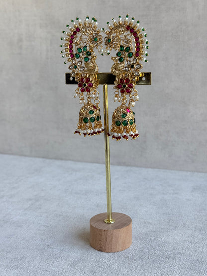 Ayura Designs Nitya Kaanphool Jhumkis – Gold Half Ear Cuff Earrings, Peacock Motifs, Pink & Emerald Green Kundan, Pearl Drops & Sahare
