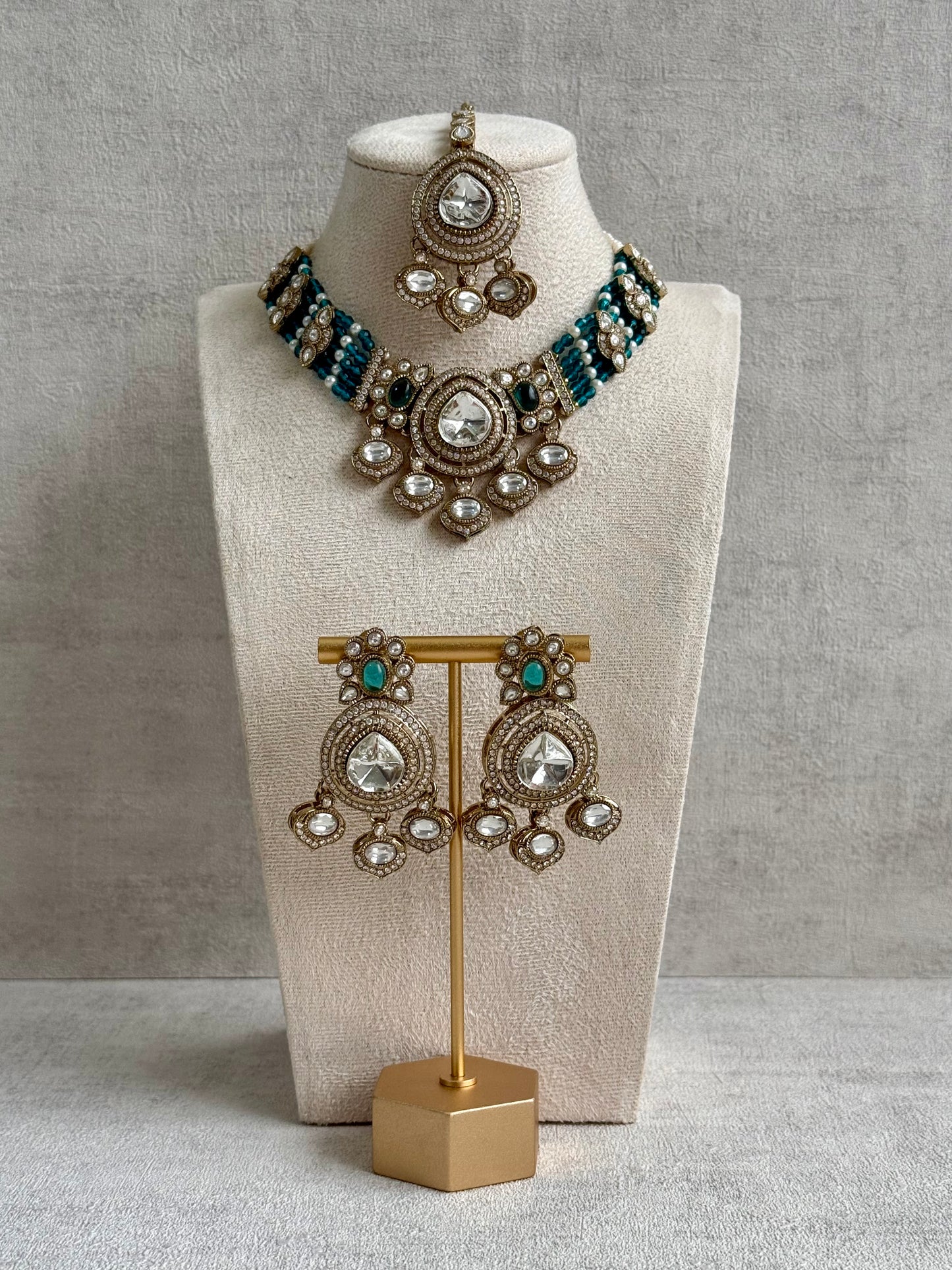 Ayura Designs Rahi Necklace Set with Earrings & Tikka – Teal Blue Stones with Mirror-Cut Detailing & Pearl Strands