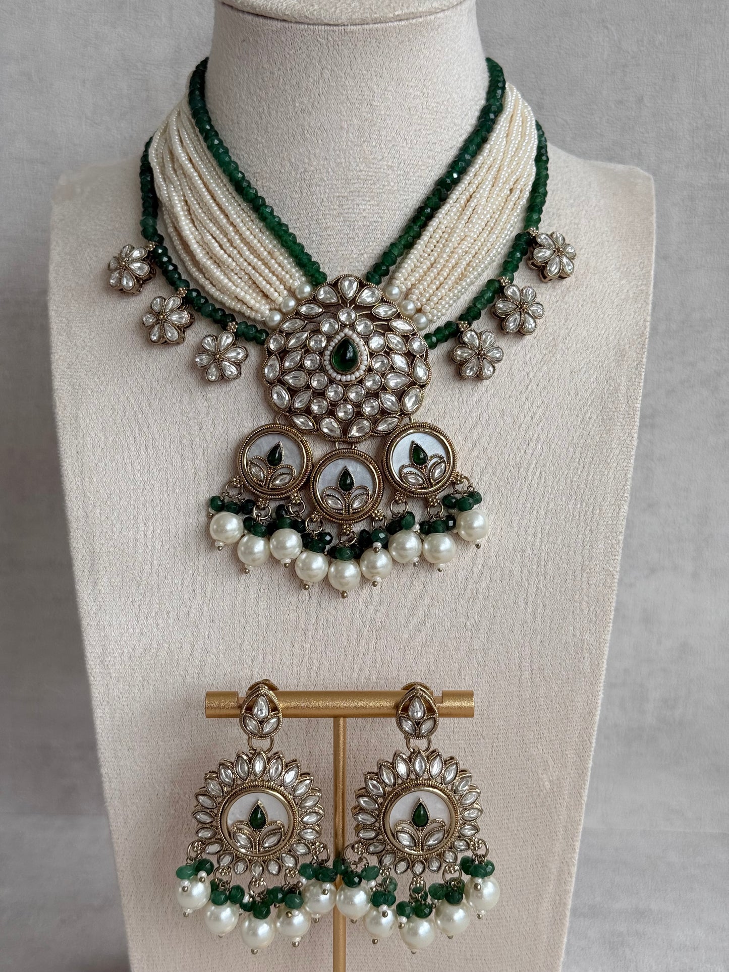 Ayura Designs Callie Set with Earrings – Emerald Green, Ivory Pearl & Jadau Detailing