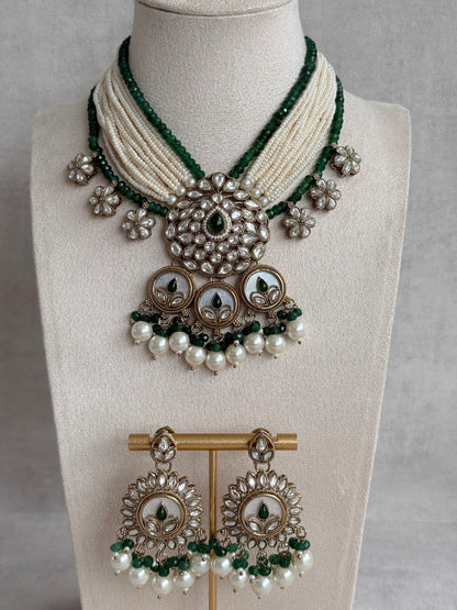 Ayura Designs Callie Set with Earrings – Emerald Green, Ivory Pearl & Jadau Detailing
