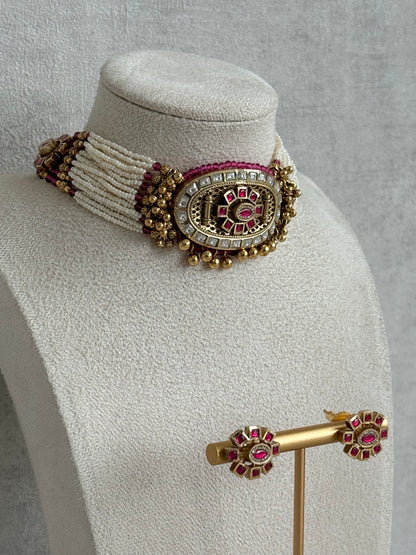 Ayura Designs Amiri Choker Set with Stud Earrings – Ruby Pink Stones, Pearl Strands & Moissanite Detailing