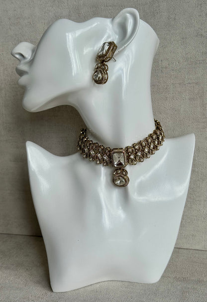 Ayura Designs Ella Choker Set with Tikka & Earrings – Antique Gold with Mirror-Cut Stones