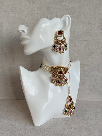 Ayura Designs Mehr Choker Set with Earrings & Tikka – Multicolour Beads, Ruby Pink Centre Stones, Pearl Strands & Antique Gold Finish