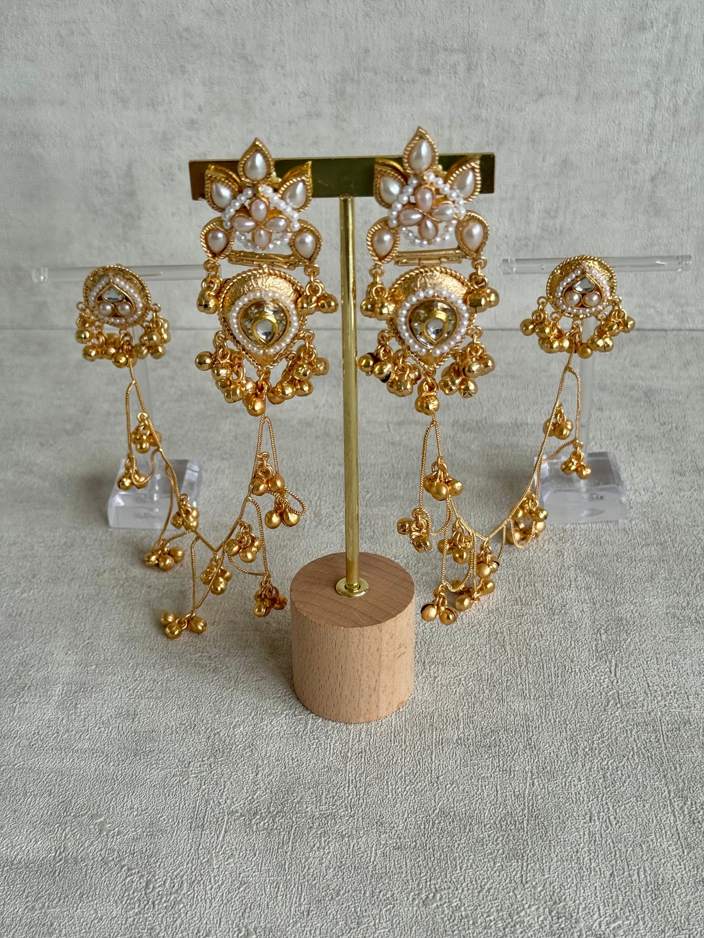 Ayura Designs Somya Earrings with Sahare – Antique Gold, Kundan, Pearls & Ghungroos