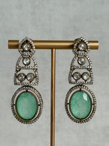 Ayura Designs Sadie Necklace Set with Earrings – Mint Green Centre Stone, Moissanite Style Stones & Crystal Halo Detailing