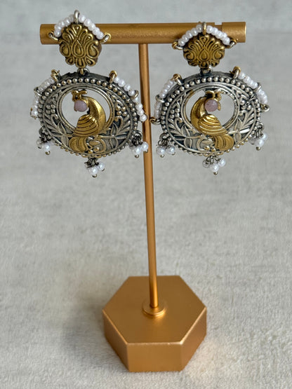 Ayura Designs Dilara Earrings – Oxidised Peacock Earrings with Pearl Detailing & Dual Tone Finish