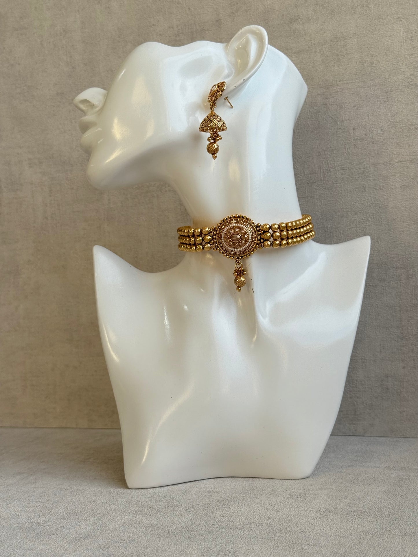 Ayura Designs Kavish Choker Set – Antique Gold Choker with Jhumkis in Champagne Stones & Pearl Detailing